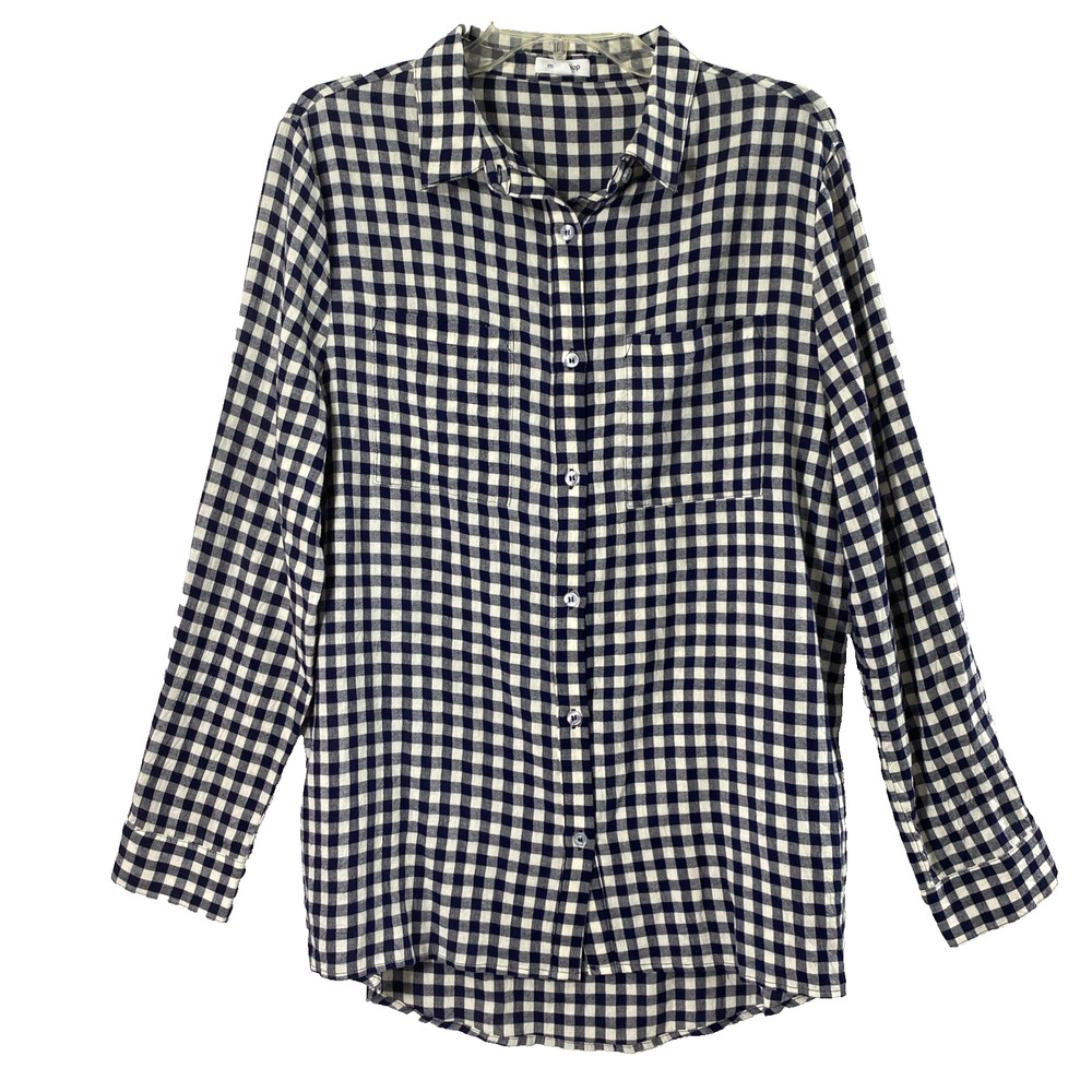 Mittoshop Gingham Shirt Womens Small Navy Blue White Check Oversized Button Top